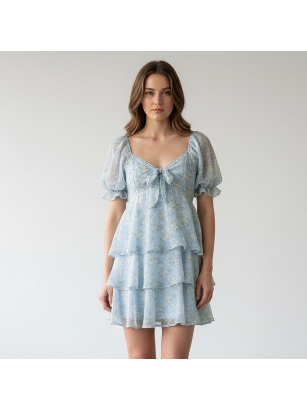 ALTAR’D STATE “Ruby” Baby Blue Floral Tiered Ruffle Puff Sleeve Mini Dress Sz S